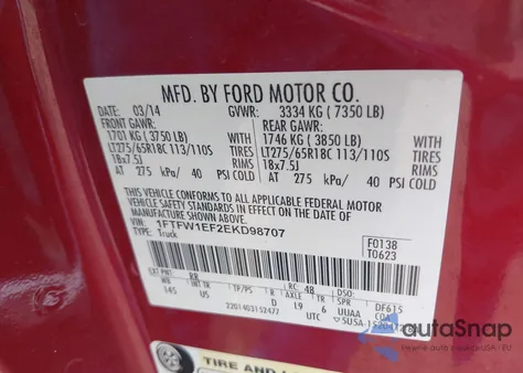 2014 Ford F-150 Xlt z USA, uszkodzony, nr VIN 1FTFW1EF2EKD98707